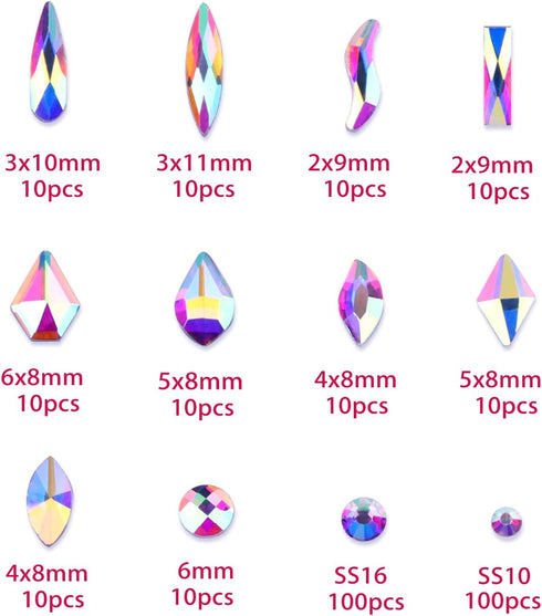 AD Beads 300 Pieces Flat Back Gems 11 Shapes Crystal Rhinestones 12 Sizes Rhinestones for Crafts Nail Face Art Clothes Shoes Bags DIY(Clear AB)...