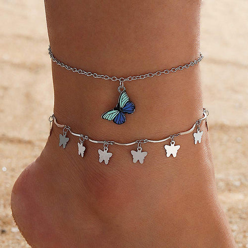 Missgrace Layered Anklets Women Butterfly Silver Ankle Bracelet Charm Beaded Dainty Foot Jewelry for Women and Teen Girls Summer Barefoot Beach An...