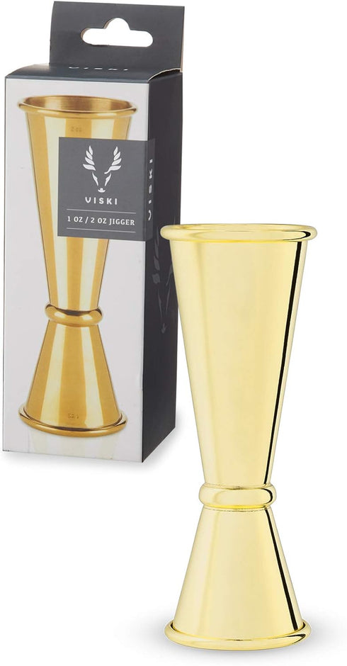 Viski Japanese Style Double Jigger for Cocktails, Bar Kit Essential, 1oz and 2oz with Interior Measurements, Gold...