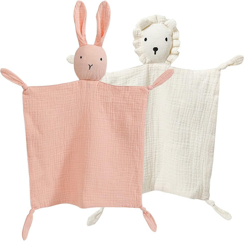 Organic Cotton Muslin Lovey Blanket, Organic Cotton Muslin Bunny & Lion Security Blanket Soft & Breathable Lovie Baby Gifts for Boys and Girls (Pi...