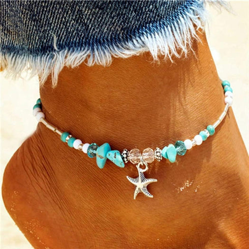 Boho Starfish Anklet Conch Shell Turquoise Foot Chain Beach Foot Jewelry Chain for Women...