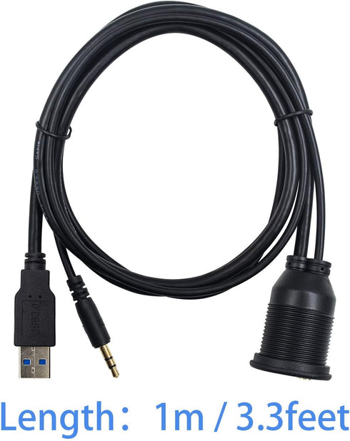 Duttek USB Panel Flush Mount cable - 3.3ft USB 3.0 & 3.5MM Male to Female AUX Extension Mount, Dash Mount, Flush Mount, Panel Mount Cable, for Car...