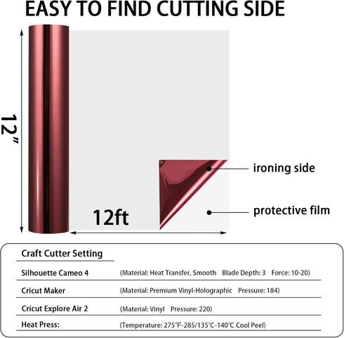 AHIJOY Heat Transfer Vinyl Burgundy Iron On Vinyl Metallic HTV 12" x 12FT Maroon Chrome HTV Vinyl for T-Shirt Garment Fabric Clothing...
