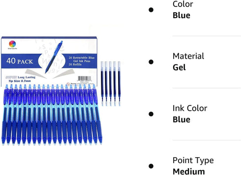 ChicRosa 40 Pack Blue Gel Pens, Retractable Medium Point Gel Ink Pens Smooth Writing for School Office Home, Comfort Grip(20 Pens with 20 Refills)...