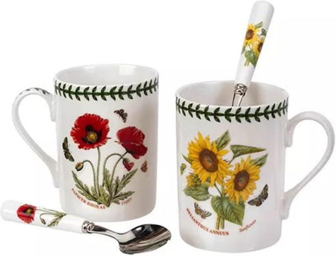 Portmeirion Botanic Garden Mug & Teaspoon Set - Ceramic Mugs & Stainless Steel Spoons - Poppy & Sunflower Motifs, Chip-Resistant Glaze, Dishwasher...
