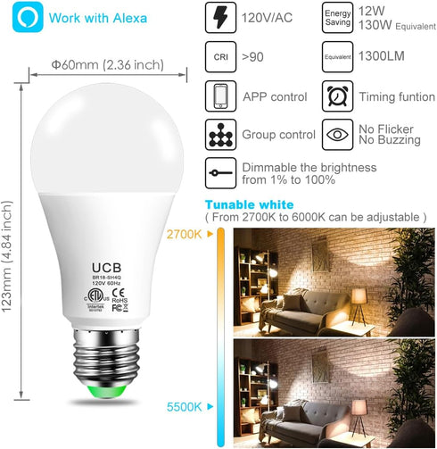 UCB Alexa Light Bulb 130W Equivalent, Smart light bulbs Warm White to Daylight Tunable, A19 E26 Bluetooth LED Bulbs Work with Alexa Only for Bedro...