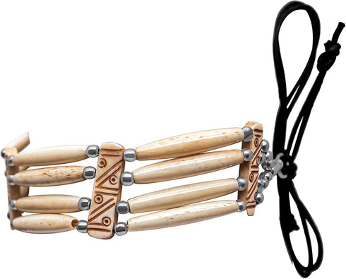 American Indian Style Bone Choker Necklace, 4 Row Off-White Traditional Hairpipe Beads, Unisex Adjustable...