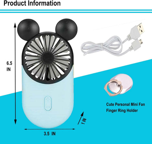 Cute Personal Mini Fan(2 PACK), Mini Handheld Fan, USB Rechargeable Portable Fan with Stylish LED Light,3 Speed Adjustable,Cute Mouse,for Kids Gir...