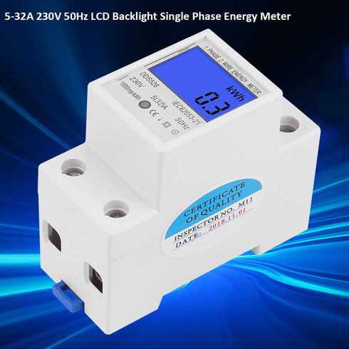 Single Phase Energy Meter 230VAC LCD KWH Electric Meter 5-32A 50Hz Single Phase DIN Rail KWH Meter Electricity Usage Meter Electricity Usage Monit...