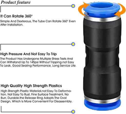 WAFJAMF Straight Push to Connect Fitting,12mm Tube OD Quick Release Pneumatic Connectors, Air Line Hose Pipe Fittings Kit Connector PU-12(10 Pcs)...