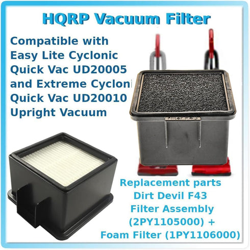 HQRP 2-Pack Filters Replacement for Dirt Devil F43, 2PY1105000, 1PY1106000 compatible with Dirt Devil UD20005 UD20010 Cyclonic Quick Vac Upright V...