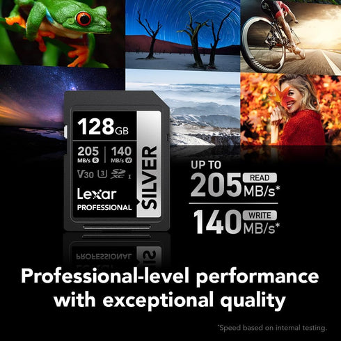 Lexar 128GB Professional Silver SDXC Memory Card, UHS-I, C10, U3, V30, 4K Video, Up to 205/140 MB/s Read/Write, for Professional Photographer, Vid...