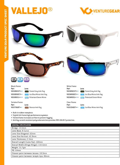Venture Gear Vallejo Safety Glasses Tortoise Frame/Bronze Anti-Fog Lens...