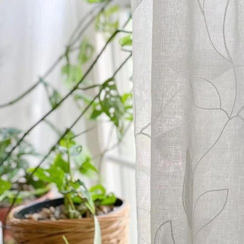 HOMEIDEAS White Sheer Curtains 52 X 63 Inches Length 2 Panels Embroidered Leaf Pattern Pocket Faux Linen Floral Semi Sheer Voile Window Curtains/D...