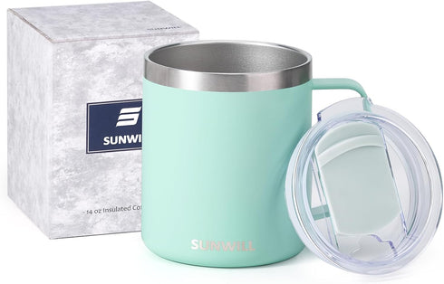 SUNWILL Insulated Coffee Mug with Lid, Travel Tumbler with Handle, 14 oz Stainless Steel Cup for Camping, Office, Home, Powder Coated Mint...