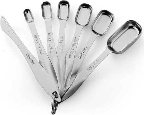 Spring Chef Stainless Steel Measuring Spoons Set of 7 with Leveler, Rectangular Metal Teaspoon & Tablespoon Measuring Spoons for Dry & Liquid Ingr...
