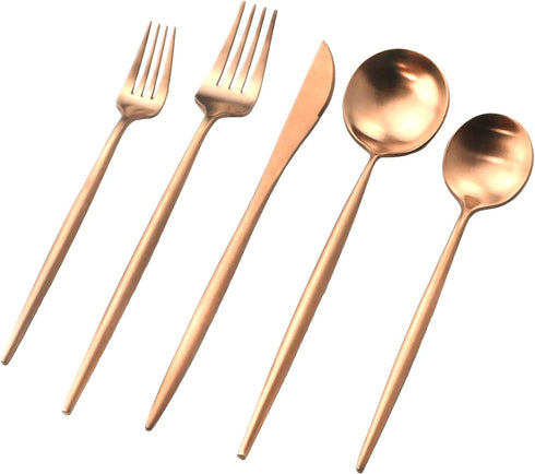 Copper Gold Flatware, Royal 5 Pieces Luxury Matte Finish 18/10 Stainless Steel Tableware Sets for 1 Including Forks Spoons Knives, Camping Silverw...