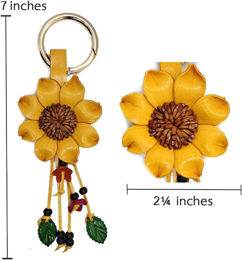 Leather Flower Keychain Purse Tassels Charms Women Handbags Designer Bag Accessories Keyring Decor Yellow Flower 7" Long...