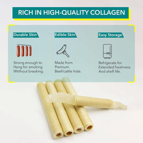 The Sausage Maker® 19mm Collagen Casings For Sausage Making, Edible, Clear, Smoked Beef Collagen Sticks, 3/4” Diameter Snack Stick Casings, 148 Fe...