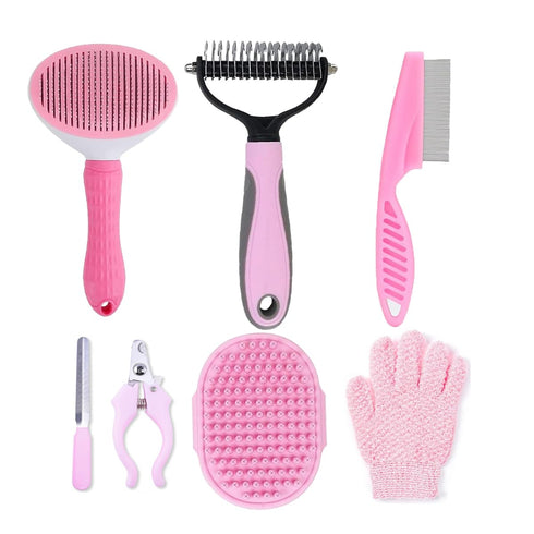7 PCS Dog Grooming Kits,Pet Shedding Brush?Pet Self-Cleaning Brush with Pet Nail Clipper, Flea Comb and Shampoo Bath Brush...