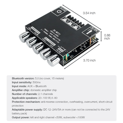 2.1 Channel Bluetooth Audio Power Amplifier Board 50W×2+100W with Treble and Bass Control for DIY Bluetooth Speaker Home Theater......