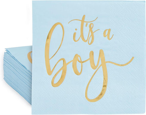 Sparkle and Bash 50 Pack It's a Boy Baby Shower Napkins - 5 x 5 in Blue & Gold Foil - 3-Ply Cocktail Table Napkins for Baby Boy Shower Decorations...