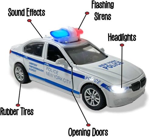 2 Pack Metal Diecast NY Police Cars Pull Back Battery Powered with LED Headlights and Siren Sounds 1:32 Scale...