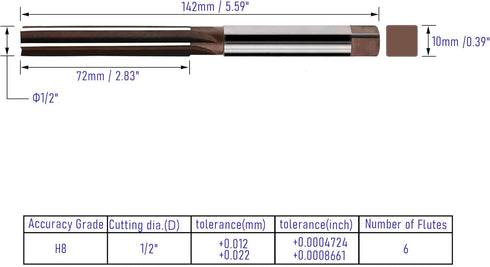 Hand Reamer 1/2" Alloy Tool Steel 9Crsi H8 6 Straight Flutes Hand Milling Cutter Tool...