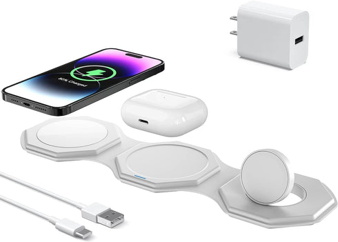 3 in 1 Wireless Charger for iPhone MagSafe Foldable - Magnetic Travel 18W Fast Charging Station Soft Silicone Sleep-Friendly Portable Charger Stan...