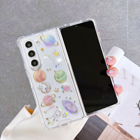 Abbery for Samsung Z Fold 5 5G Case Space Theme Clear with Design Bling Glitter Sparkly Stars and Moon Planet Durable Shockproof Transparent Unive...