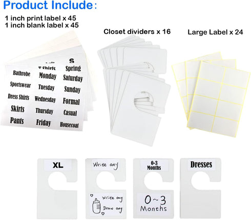 16 Pack White Clothing Rack Size Dividers Plus 60 Labels (1 Inch) and 16 Large Blank Labels, Large Rectangular Clothing Closet Dividers (Pearl Whi...