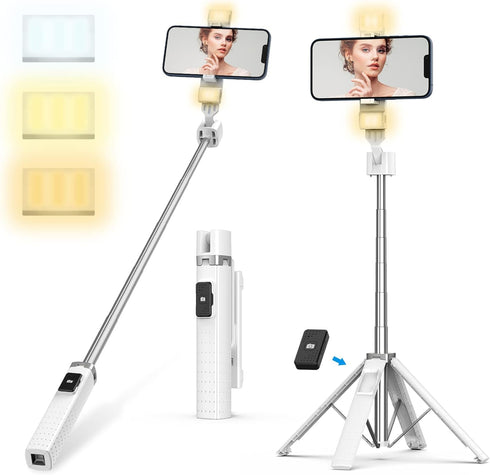 AMIR 40” Selfie Stick Quadrapod, Extendable Selfie Stick with Wireless Bluetooth Remote & Fill Light, 3 Light Modes, 9 Brightness Levels, Compatib...