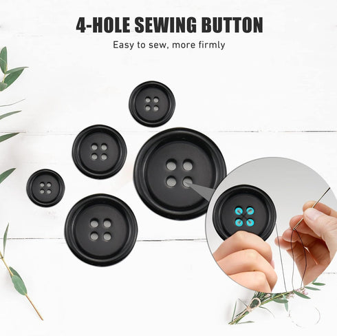 100 Pcs Black Resin Sewing Buttons, 4-Hole Craft Suit Coat Shirt Buttons, 5 Sizes, Round Mixed, with Compartment Storage Box, Suitable for Sewing,...