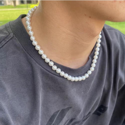 White 8mm Faux Hand Knotted Glass Imitation Pearls Necklace Earring Stainless steel Butterfly spiral buckle Jewelry 3 Set for Women and Men...