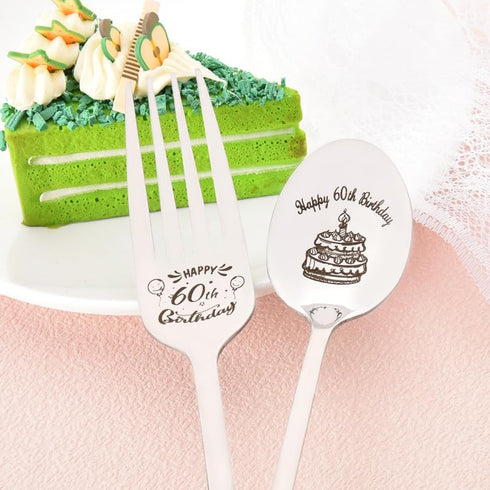 Happy 60th Birthday Fork Spoon Grandma Grandpa Gifts for Men Women 60 Year Old Birthday Gift for Dad Mom Engraved Spoon Fork for Aunt Uncle 60 Yrs...