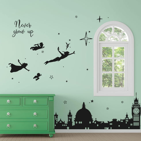 Runtoo Never Grow Up Nursery Wall Decals Quotes Big Ben Cityscape Wall Stickers for Kids Room Baby Bedroom Wall Decor...