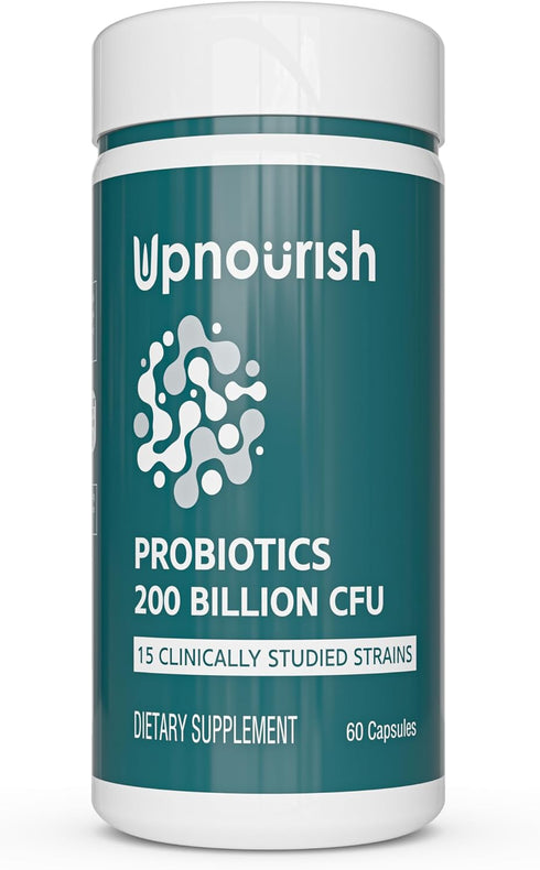 UpNourish Probiotics - 200 Billion CFUs, 15 Strains, Prebiotics & Enzymes - 60 Vegan Capsules...