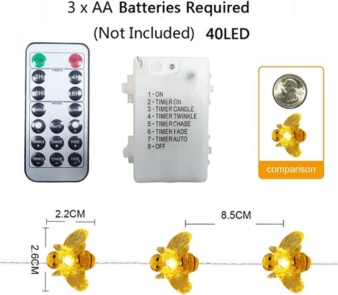 Small Honeybee 40 LED String Lights 1"(H) 13.5ft Battery Operated Waterproof Warm White with Remote Control for Indoor Covered Outdoor, Holiday Pa...