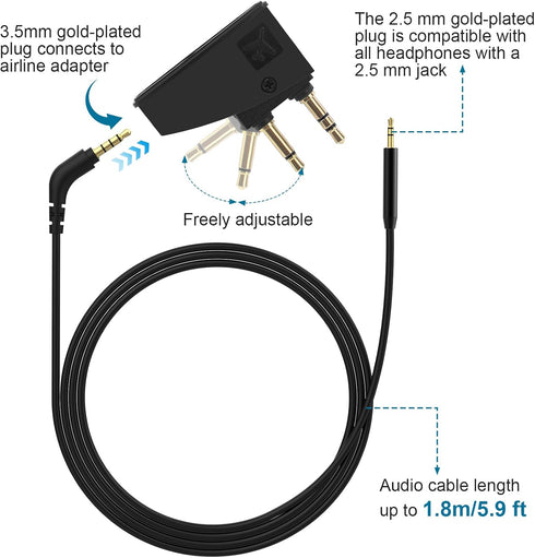 Airplane Headphone Adapter Comes with 2.5mm to 3.5mm Male Audio AUX Cable, Golden Plated 3.5mm Jack for Airplane/Home TV/Gym/Boats/Car, Foldable S...