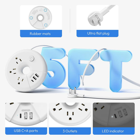 Travel Power Strip with USB Ports, NTONPOWER Cruise Approved Power Strip with 3 Outlet 3 USB(1 USB C), 5 ft Extension Cord, Compact for Indoor Hom...
