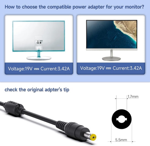19V 65W AC Adapter Power Cord Compatible with Acer LCD Monitor SA370 H226HQL and More Series - Replacement Charger...