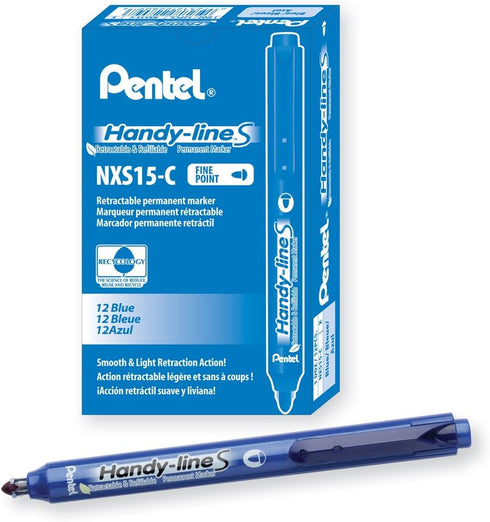 Pentel Handy-line S Retractable and Refillable Permanent Marker, Chisel Tip, Blue Barrel, Blue Ink, Box of 12 (NXS15-C)...