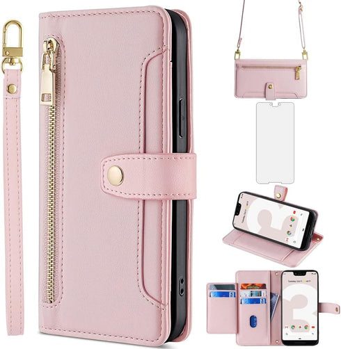 Asuwish Phone Case for Google Pixel 3 XL Wallet Cover and Screen Protector Zipper Leather Credit Card Holder Slot Stand Flip Accessories Protectiv...