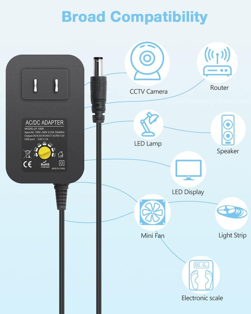 Aclorol Universal Power Adapter 30W 12V 9V 7.5V 6V 5V 4.5V 3V Adjustable Variable Power Supply AC/DC Adapter Converter Switching 100V-240V AC to D...
