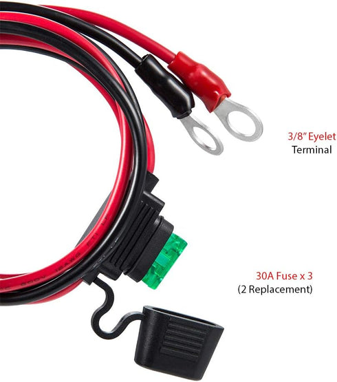 3/8" Ring Eyelet Terminal Battery Boost Cable Heavy-Duty 30A Fuse 12V/24V 12AWG Cord 3Ft...