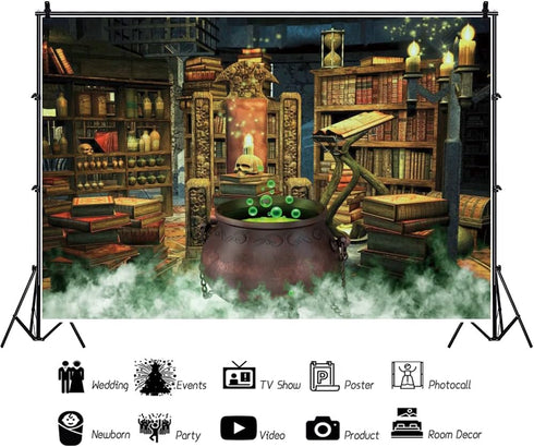 AOFOTO 7x5ft Halloween Photography Backdrop Witch Magic Cauldron Bookshelf in Spooky Room Party Decoration Chemistry Laboratory Skull Kids Adult P...