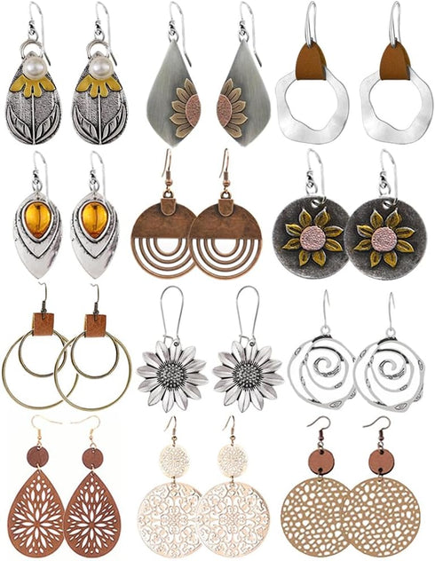 12 Pairs Boho Vintage Geometric Round Earrings Wooden Leather Earrings Ethnic Style Vintage Sunflower Earrings Christmas Earrings for Women...