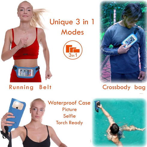 Ultimate Blue Waterproof Running Swimming Belt: Phone & Essentials Holder for Gym, Beach, Kayaking, Ski! Fits iPhone, Samsung - Touchscreen, IPX8 ...