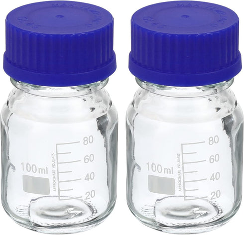 PATIKIL 100mL Reagent Media Bottle, 2Pcs Round Graduated Glass Storage Bottle Blue Screw Cap for Chemistry Lab Universities Home, Clear...