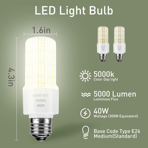 2 Pack 40W Led Light Bulb(300W Equivalent) 5000 Lumens 5000K Daylight White Led Bulbs E26/E27 Medium Base for Indoor Outdoor Street Office Warehou...
